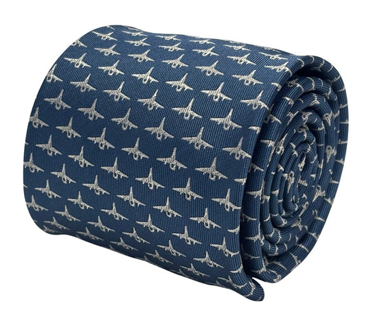 Medium Denim Blue Handmade Tie - Fighter Aircraft Design Symbolising Ambition And Confidence by Frederick Thomas Handmade Mens Ties