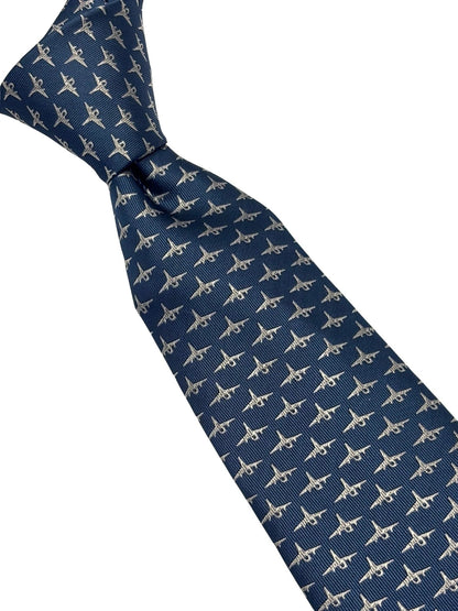 Medium Denim Blue Handmade Tie - Fighter Aircraft Design Symbolising Ambition And Confidence by Frederick Thomas Handmade Mens Ties
