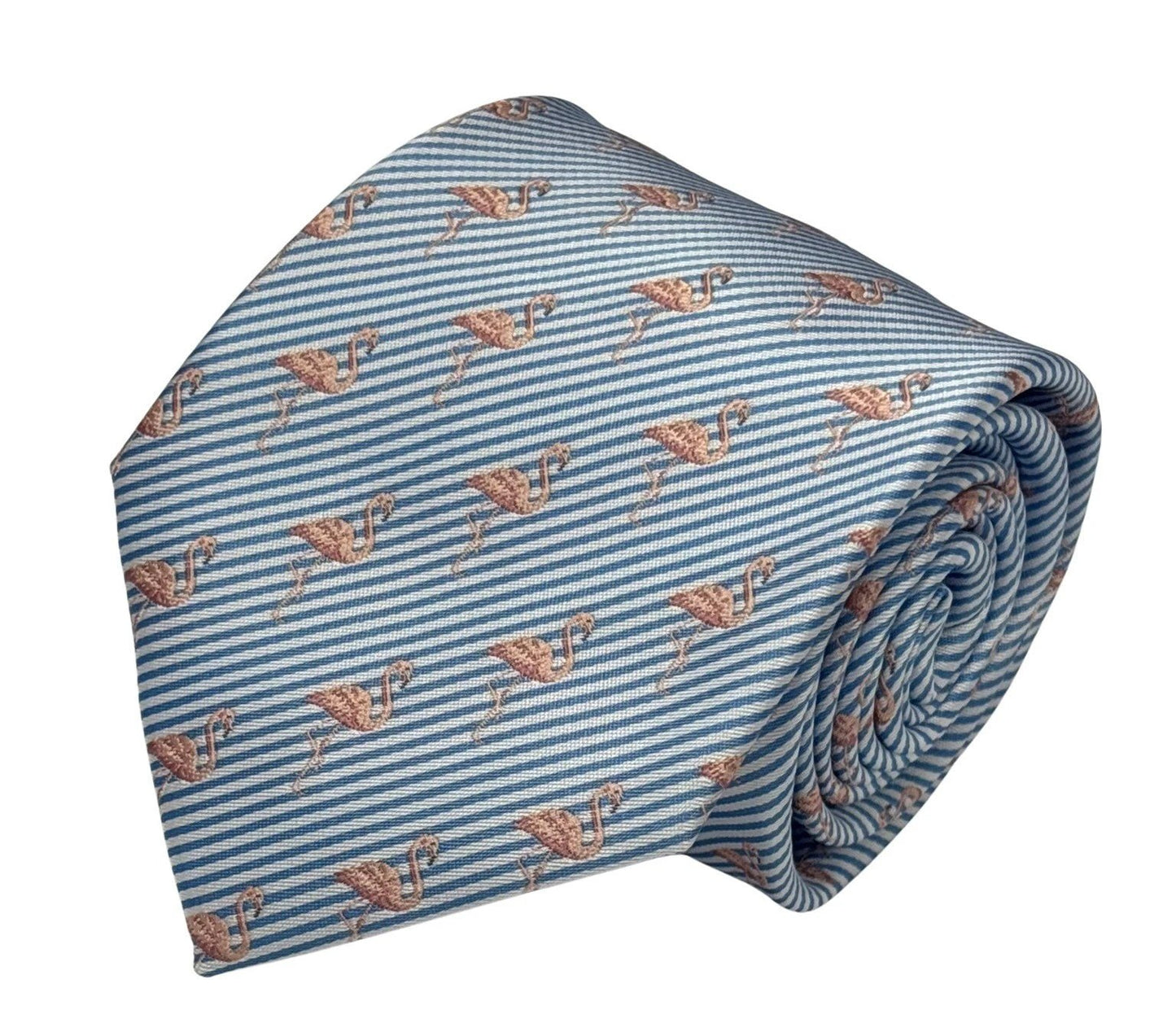 Handmade Light Blue And White Pin Stripe Tie With Pink Flamingo Design - Polished Statement Piece For Confident Style by Frederick Thomas Handmade Mens Ties