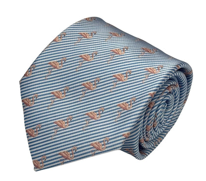 Handmade Light Blue And White Pin Stripe Tie With Pink Flamingo Design - Polished Statement Piece For Confident Style by Frederick Thomas Handmade Mens Ties