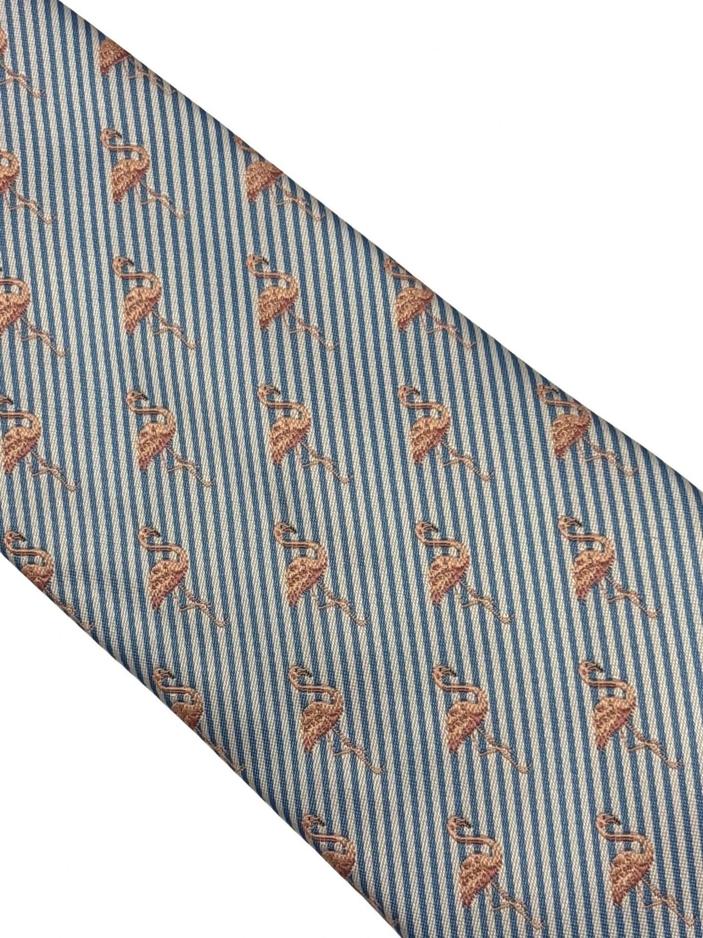 Handmade Light Blue And White Pin Stripe Tie With Pink Flamingo Design - Polished Statement Piece For Confident Style by Frederick Thomas Handmade Mens Ties