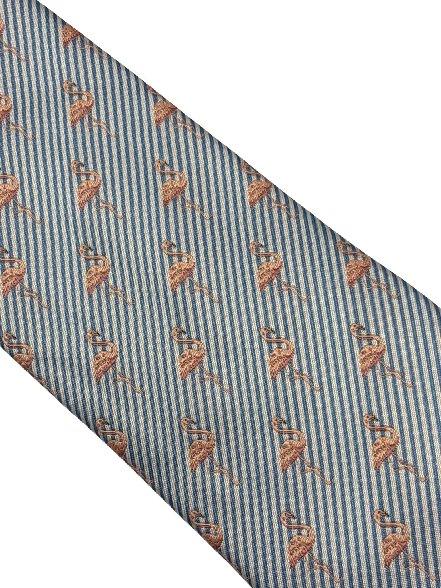 Handmade Light Blue And White Pin Stripe Tie With Pink Flamingo Design - Polished Statement Piece For Confident Style by Frederick Thomas Handmade Mens Ties