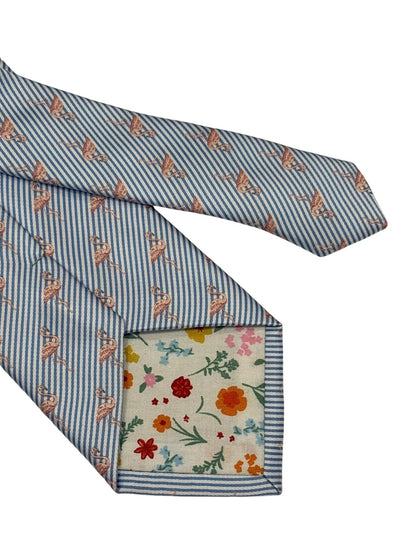 Handmade Light Blue And White Pin Stripe Tie With Pink Flamingo Design - Polished Statement Piece For Confident Style by Frederick Thomas Handmade Mens Ties