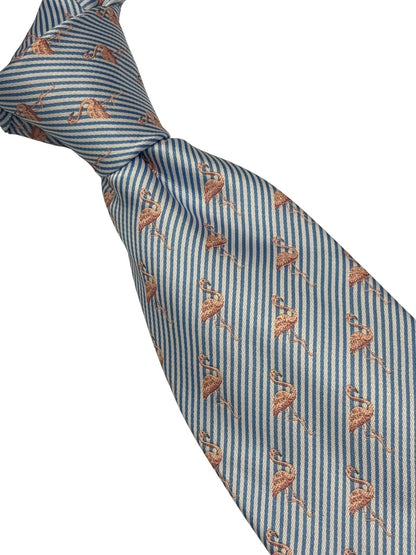 Handmade Light Blue And White Pin Stripe Tie With Pink Flamingo Design - Polished Statement Piece For Confident Style by Frederick Thomas Handmade Mens Ties