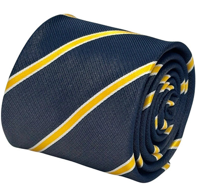 Handmade Midnight Grey Blue Tie - Bold Yellow and White Club Stripe for Contemporary Formal Style by Frederick Thomas Handmade Mens Ties