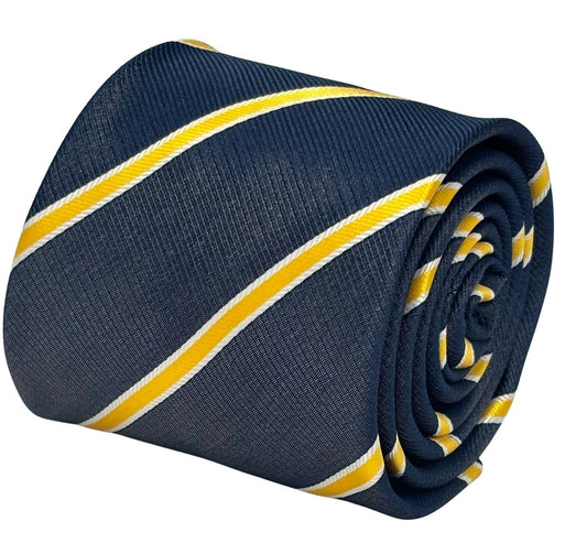Handmade Midnight Grey Blue Tie - Bold Yellow and White Club Stripe for Contemporary Formal Style by Frederick Thomas Handmade Mens Ties