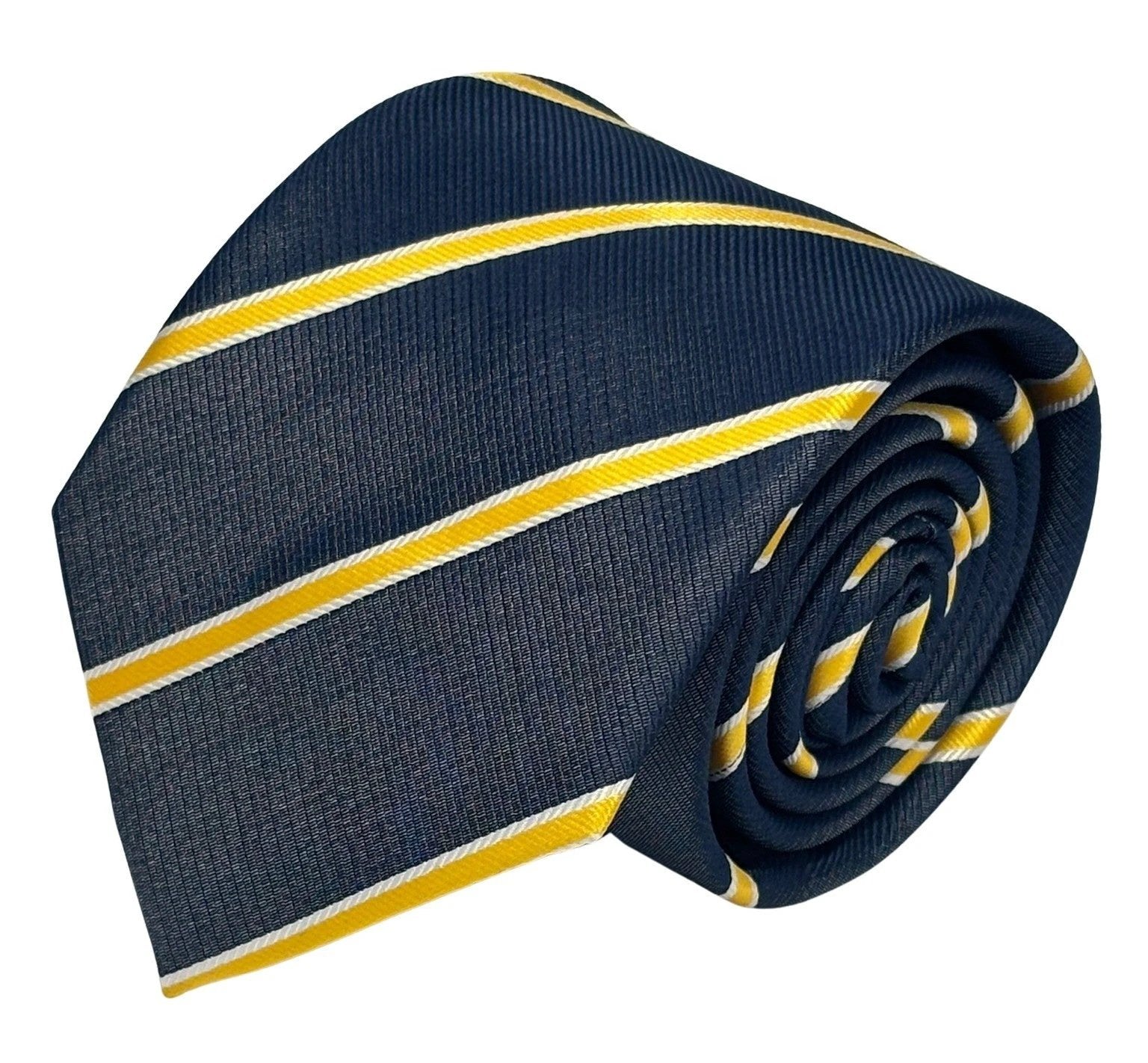 Handmade Midnight Grey Blue Tie - Bold Yellow and White Club Stripe for Contemporary Formal Style by Frederick Thomas Handmade Mens Ties