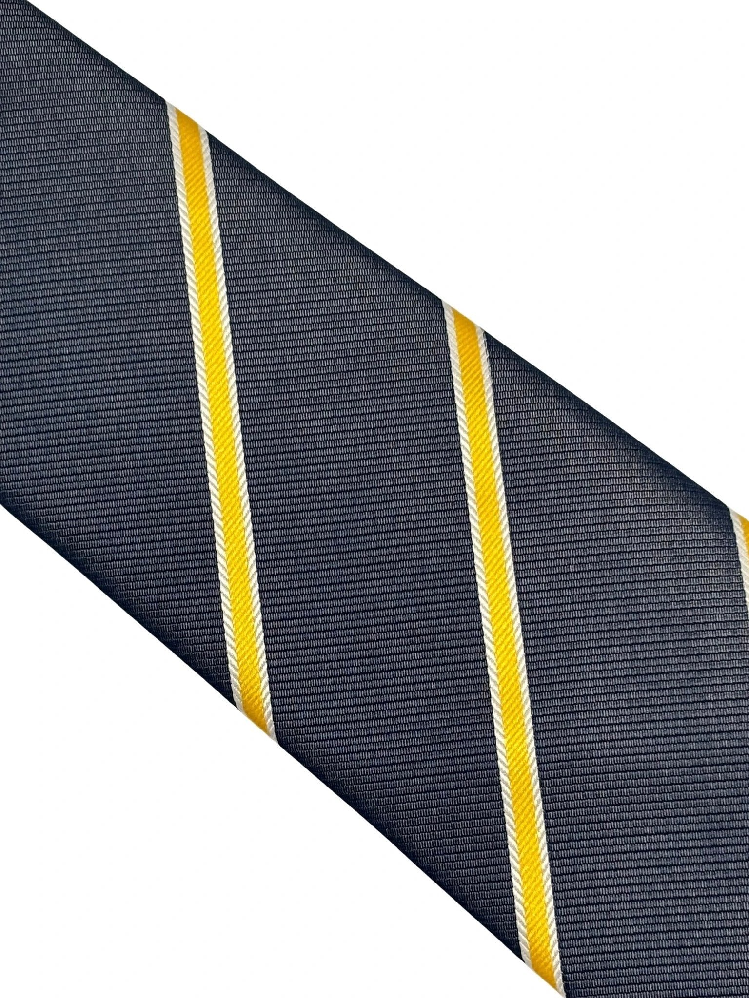 Handmade Midnight Grey Blue Tie - Bold Yellow and White Club Stripe for Contemporary Formal Style by Frederick Thomas Handmade Mens Ties