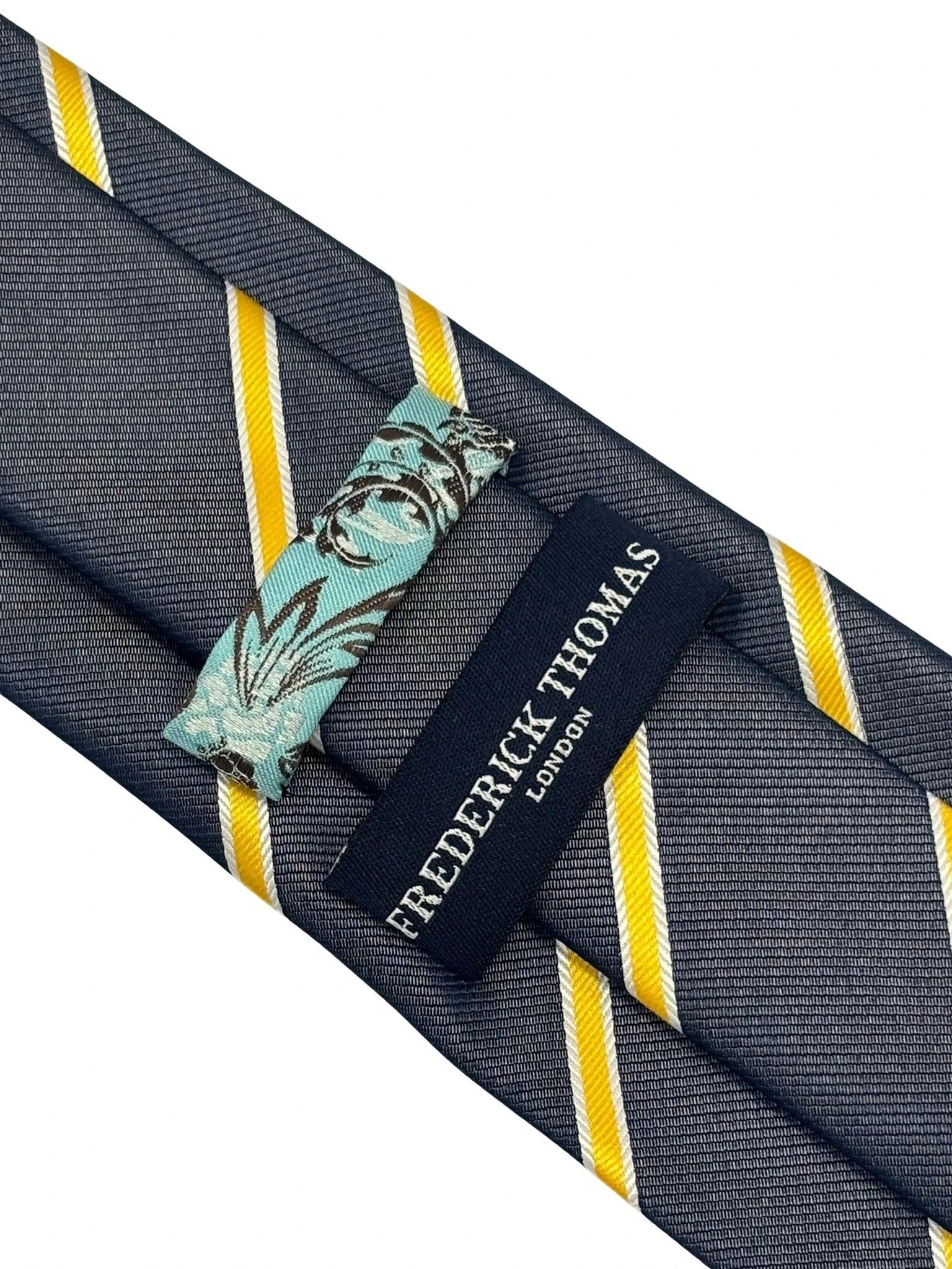 Handmade Midnight Grey Blue Tie - Bold Yellow and White Club Stripe for Contemporary Formal Style by Frederick Thomas Handmade Mens Ties