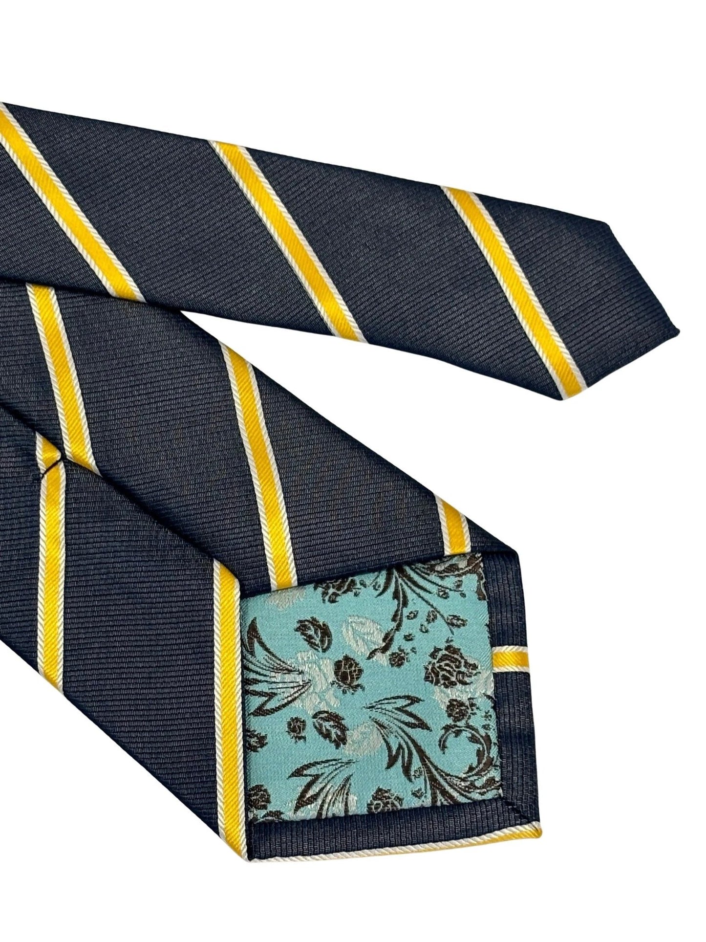 Handmade Midnight Grey Blue Tie - Bold Yellow and White Club Stripe for Contemporary Formal Style by Frederick Thomas Handmade Mens Ties