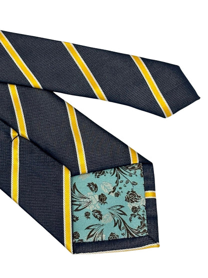 Handmade Midnight Grey Blue Tie - Bold Yellow and White Club Stripe for Contemporary Formal Style by Frederick Thomas Handmade Mens Ties