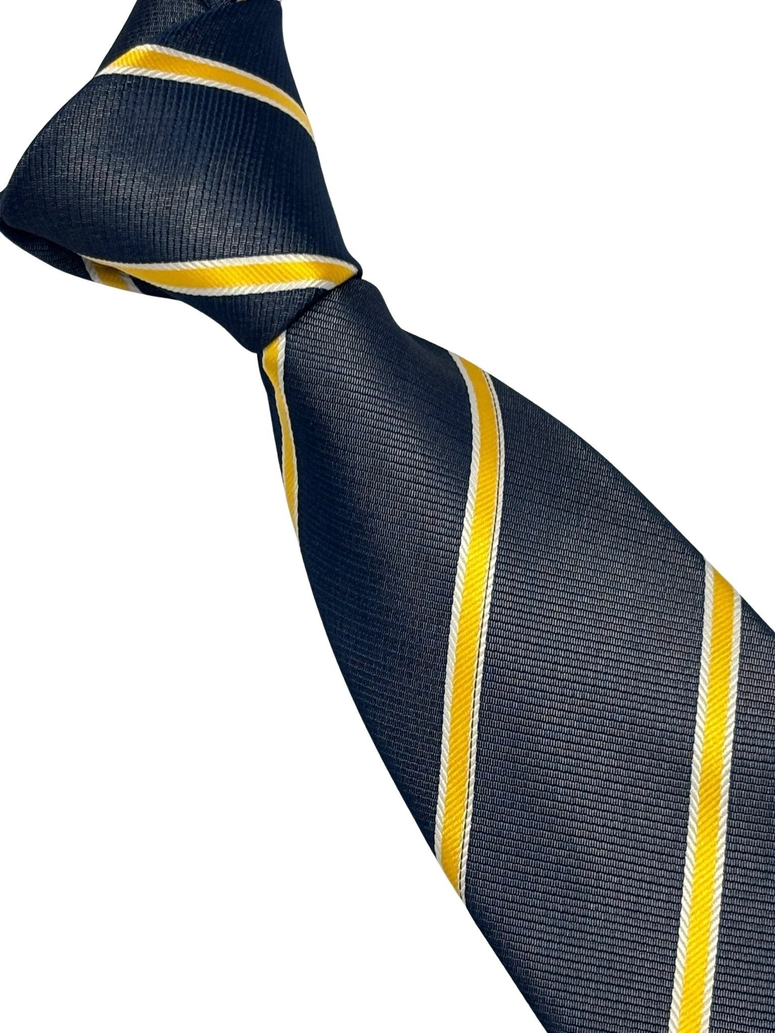 Handmade Midnight Grey Blue Tie - Bold Yellow and White Club Stripe for Contemporary Formal Style by Frederick Thomas Handmade Mens Ties