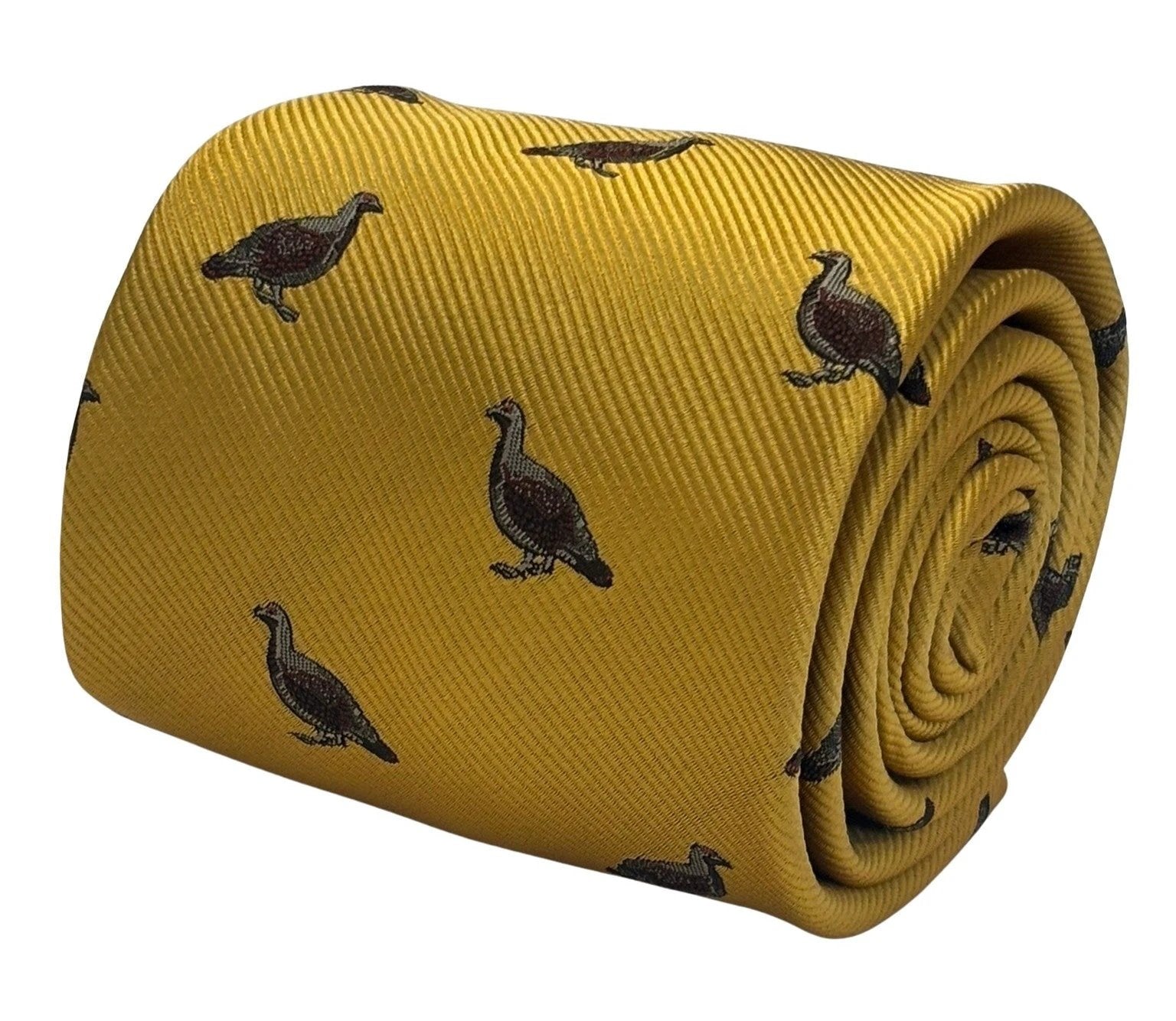 Mustard Yellow Tie With Embroidered Grouse Design - Handmade Neckwear With Heritage Craftsmanship by Frederick Thomas Handmade Mens Ties