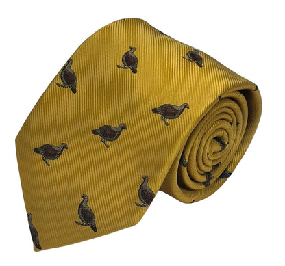 Mustard Yellow Tie With Embroidered Grouse Design - Handmade Neckwear With Heritage Craftsmanship by Frederick Thomas Handmade Mens Ties
