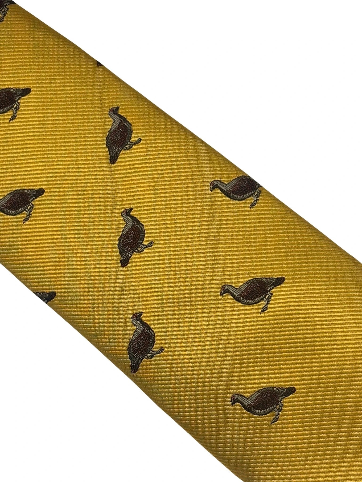 Mustard Yellow Tie With Embroidered Grouse Design - Handmade Neckwear With Heritage Craftsmanship by Frederick Thomas Handmade Mens Ties