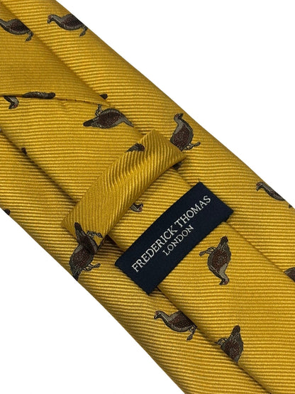 Mustard Yellow Tie With Embroidered Grouse Design - Handmade Neckwear With Heritage Craftsmanship by Frederick Thomas Handmade Mens Ties
