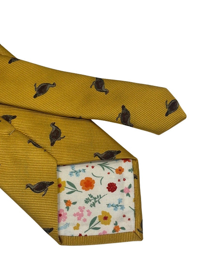 Mustard Yellow Tie With Embroidered Grouse Design - Handmade Neckwear With Heritage Craftsmanship by Frederick Thomas Handmade Mens Ties
