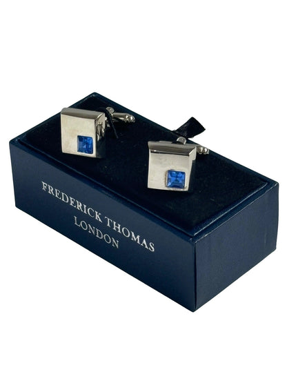 silver style square blue stone cufflinks by Frederick Thomas Handmade Mens Ties