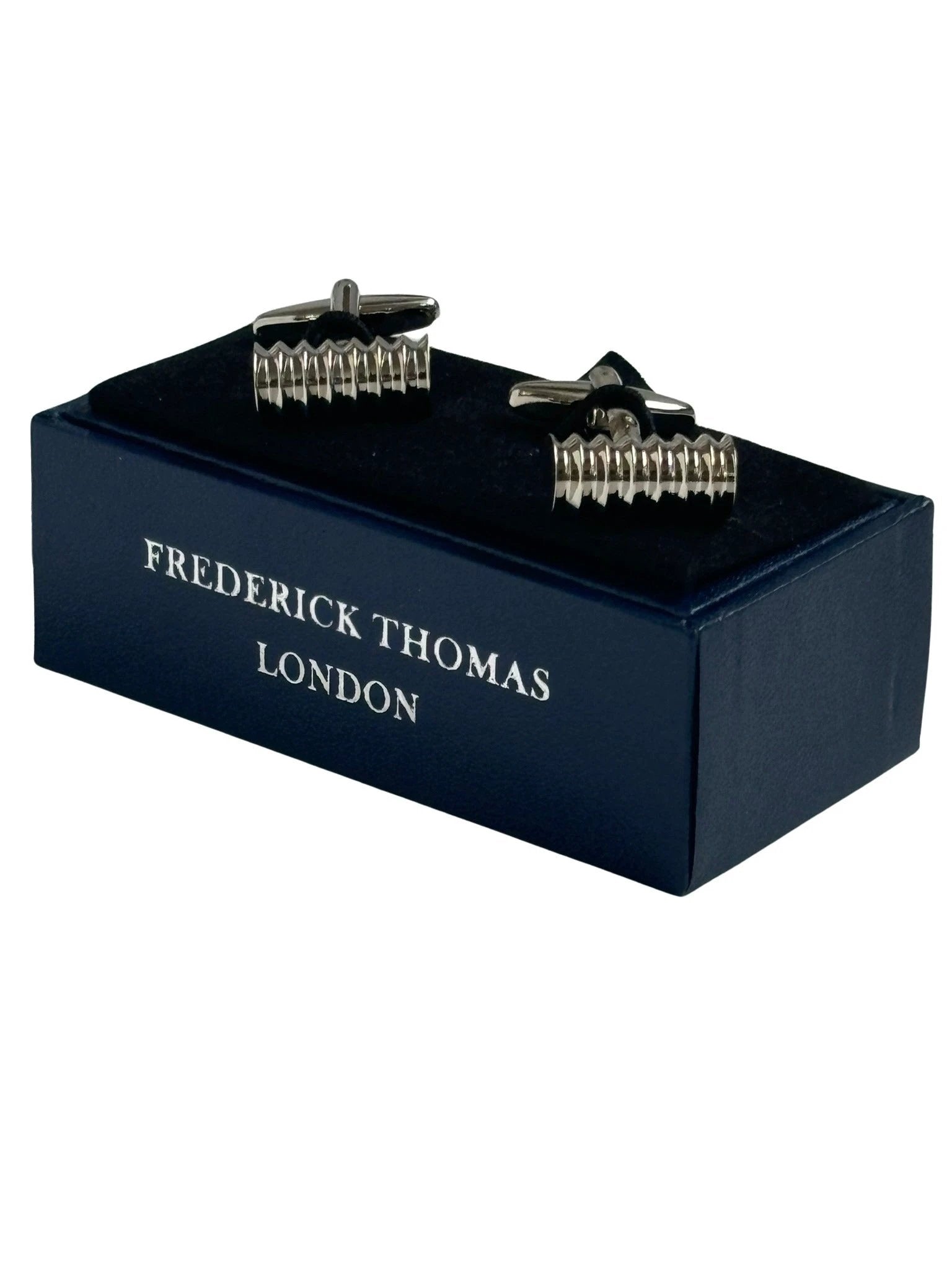 Classic silver cufflinks with a round ridged design by Frederick Thomas Handmade Mens Ties