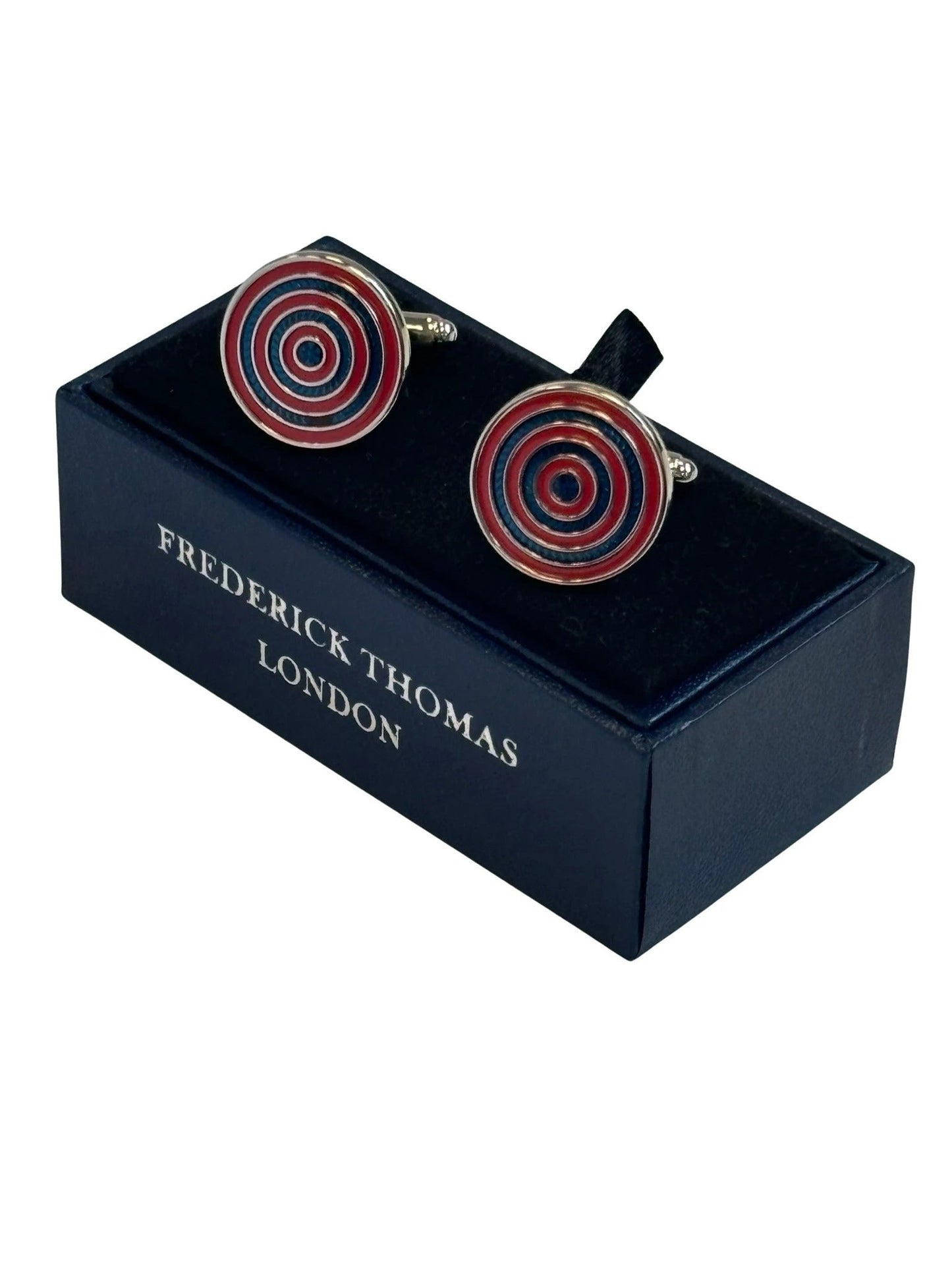 red and blue cufflinks in a circular target design by Frederick Thomas Handmade Mens Ties