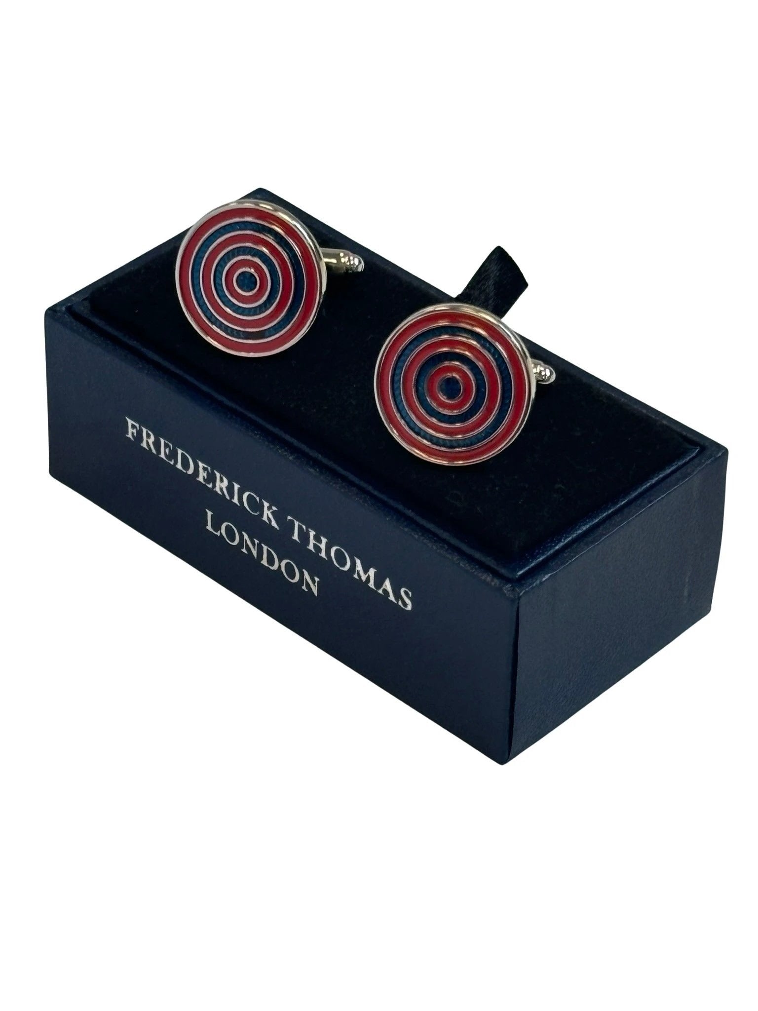 red and blue cufflinks in a circular target design by Frederick Thomas Handmade Mens Ties