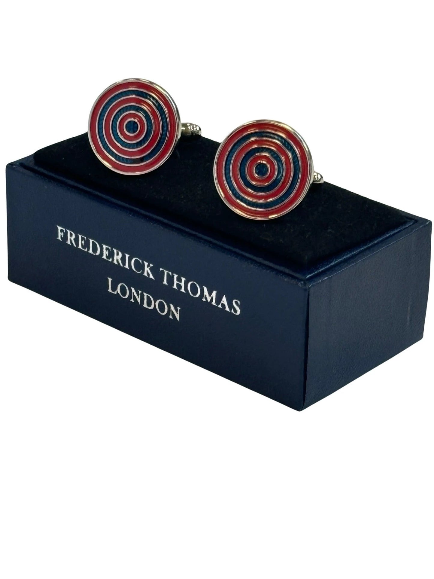 red and blue cufflinks in a circular target design by Frederick Thomas Handmade Mens Ties