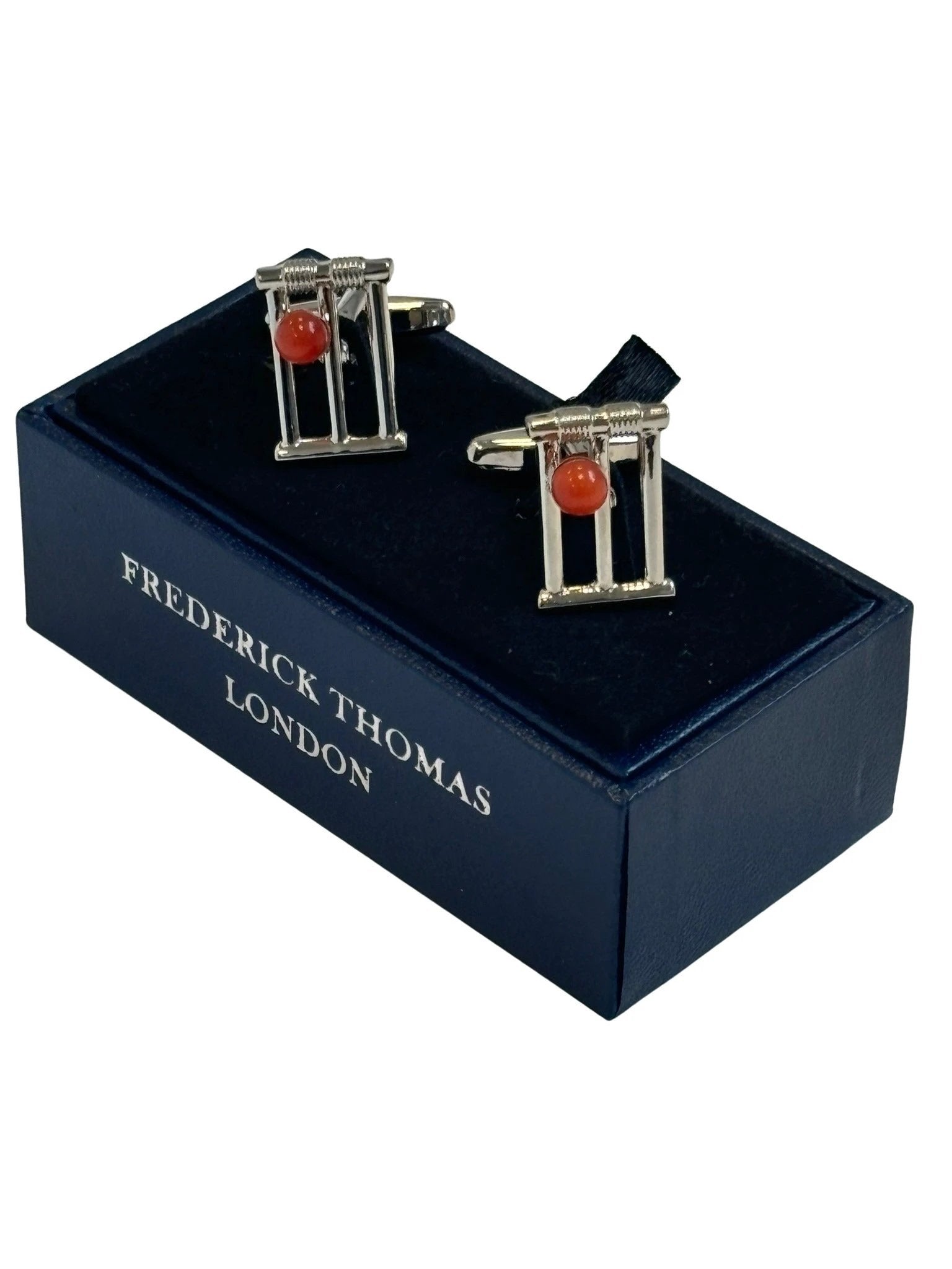 Quirky cricketing style cufflinks in a stumps and ball design by Frederick Thomas Handmade Mens Ties