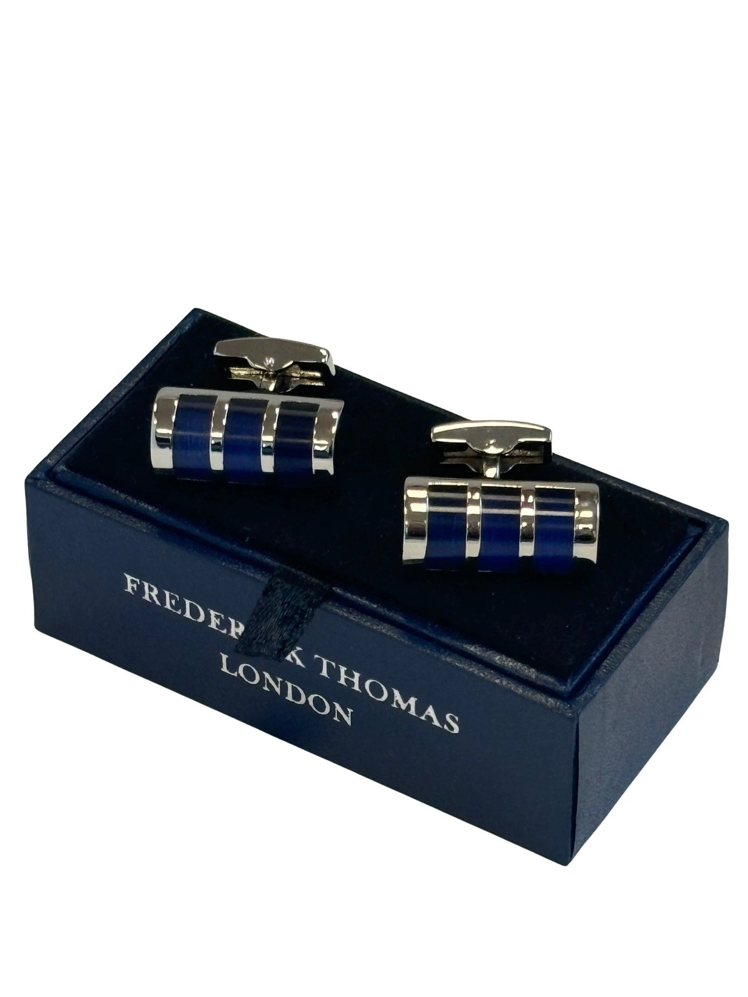 Unusual barrel style silver cufflinks with blue stones by Frederick Thomas Handmade Mens Ties