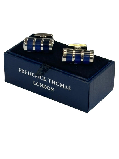 Unusual barrel style silver cufflinks with blue stones by Frederick Thomas Handmade Mens Ties