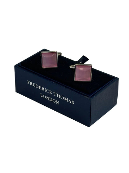 Classic silver square cufflinks with a pale pink stone by Frederick Thomas Handmade Mens Ties