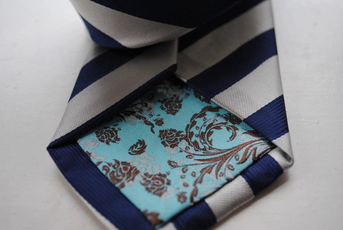 navy blue and silver grey striped tie by Frederick Thomas Handmade Mens Ties