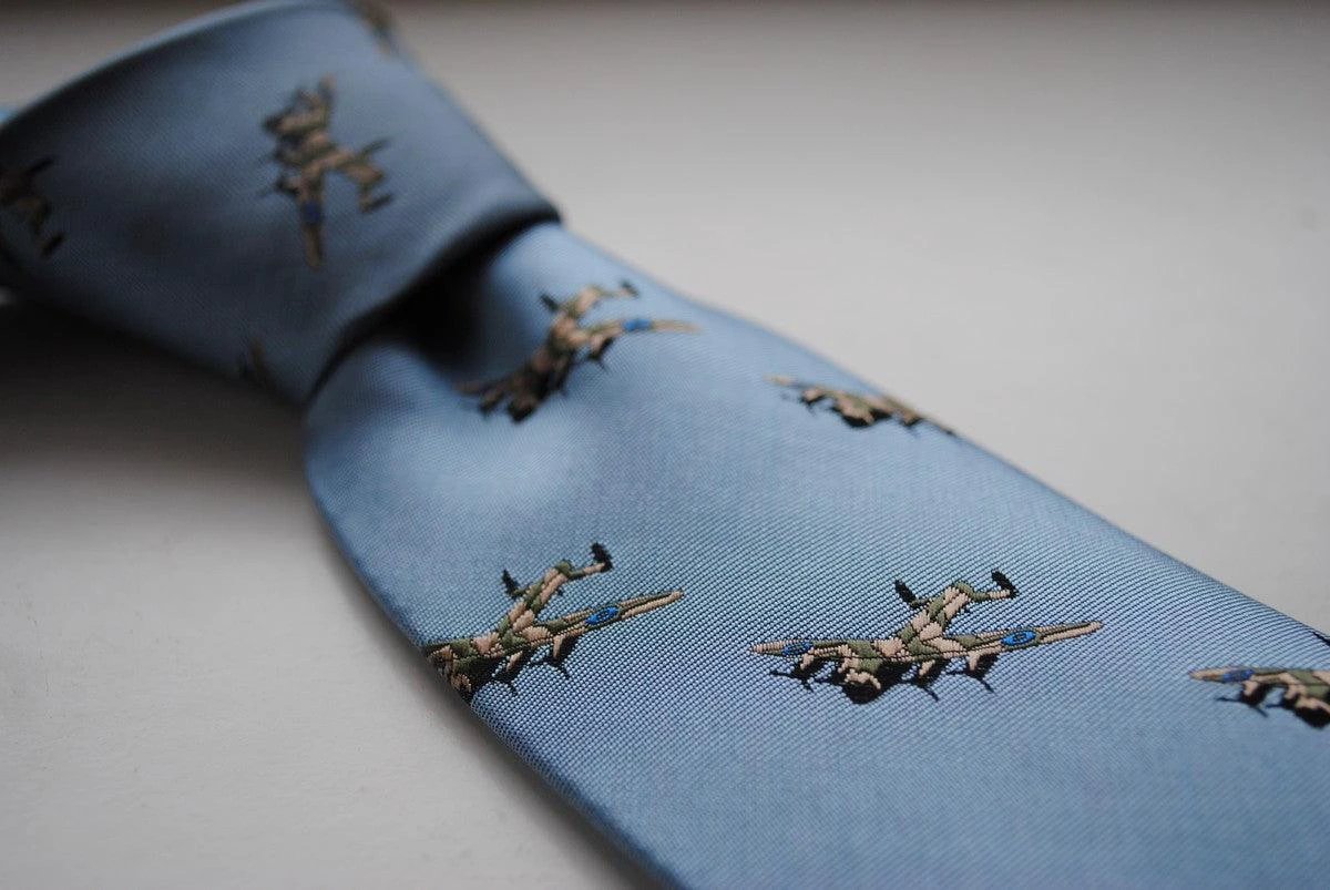 light blue tie with lancaster bomber pattern by Frederick Thomas Handmade Mens Ties