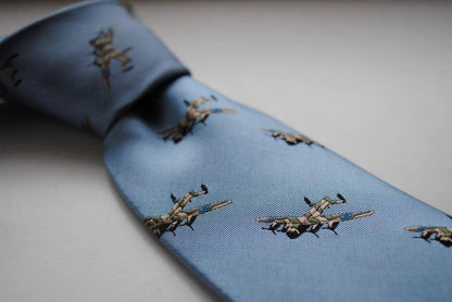 light blue tie with lancaster bomber pattern by Frederick Thomas Handmade Mens Ties