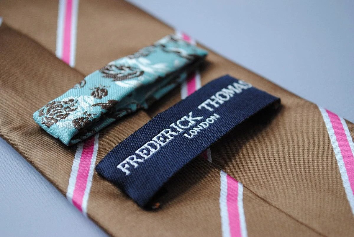 brown, white and pink striped tie by Frederick Thomas Handmade Mens Ties