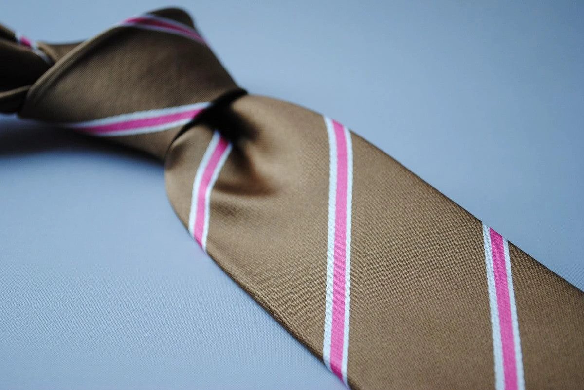 brown, white and pink striped tie by Frederick Thomas Handmade Mens Ties