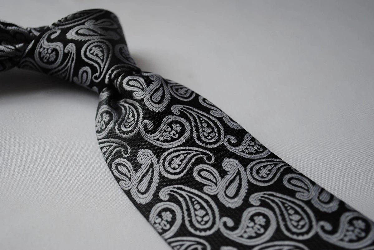 black and silver paisley design tie by Frederick Thomas Handmade Mens Ties