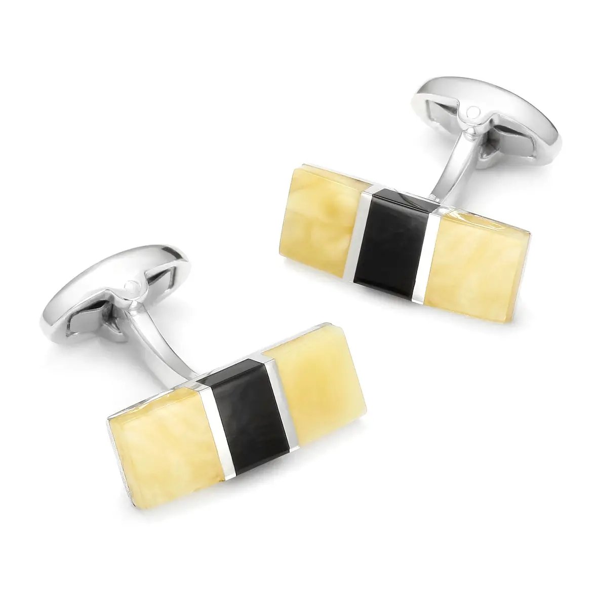 Baltic Amber With Jet Rectangle Sterling Silver Cufflinks by Benson & Clegg