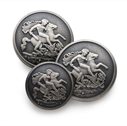 St George & The Dragon Blazer Button Set In Antique Silver by Benson & Clegg