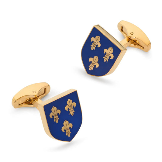Fleur De Lys Shield Cufflinks In Imperial Blue by Benson & Clegg