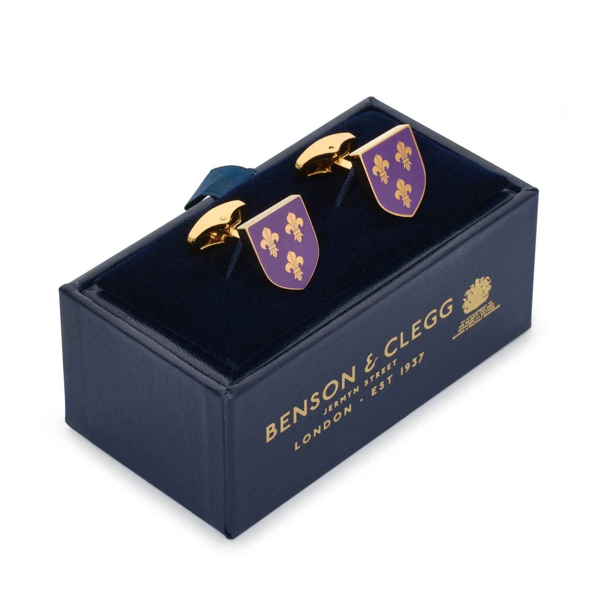 Fleur De Lys Shield Cufflinks In Royal Purple by Benson & Clegg