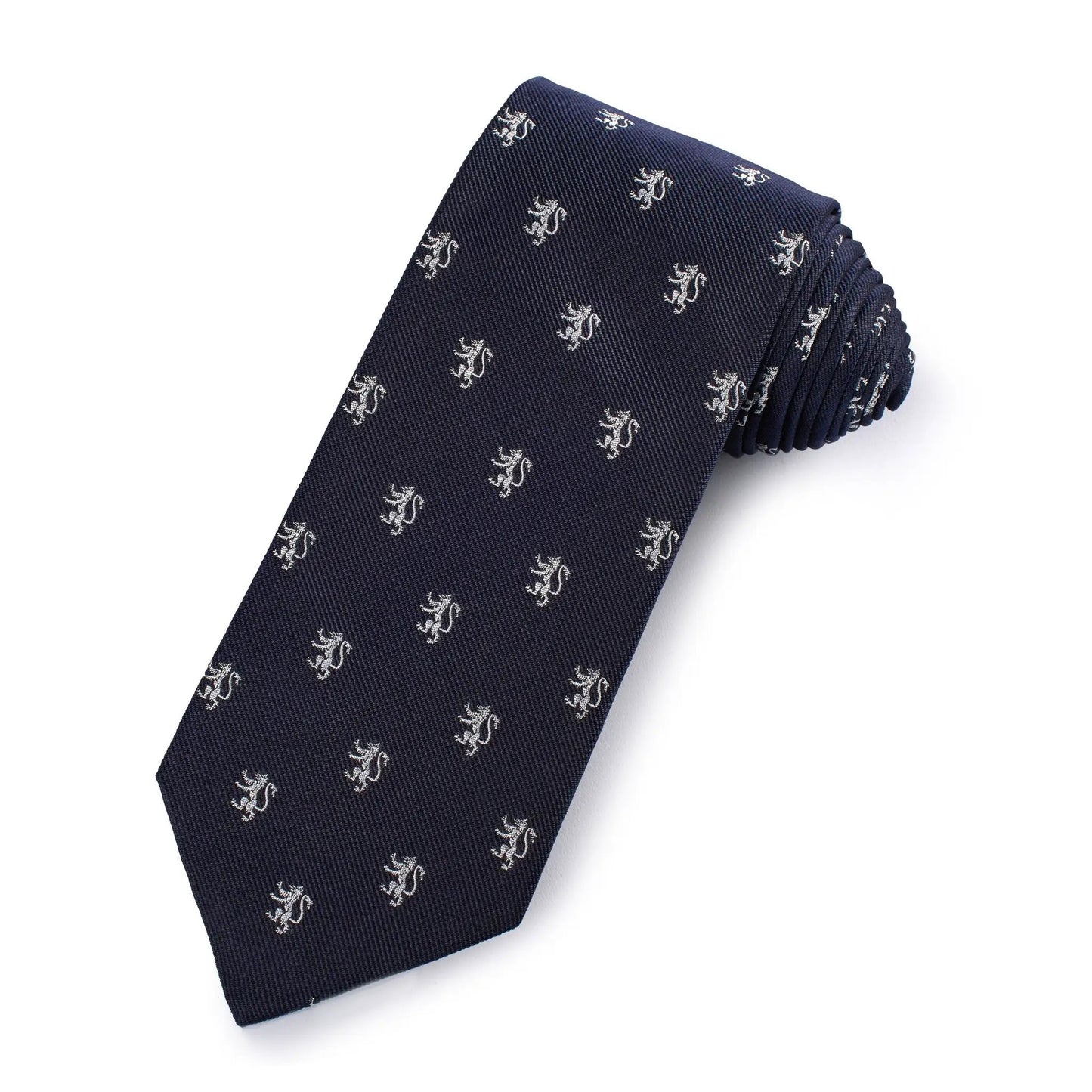 Rampant Lion Silk Tie In Navy by Benson & Clegg
