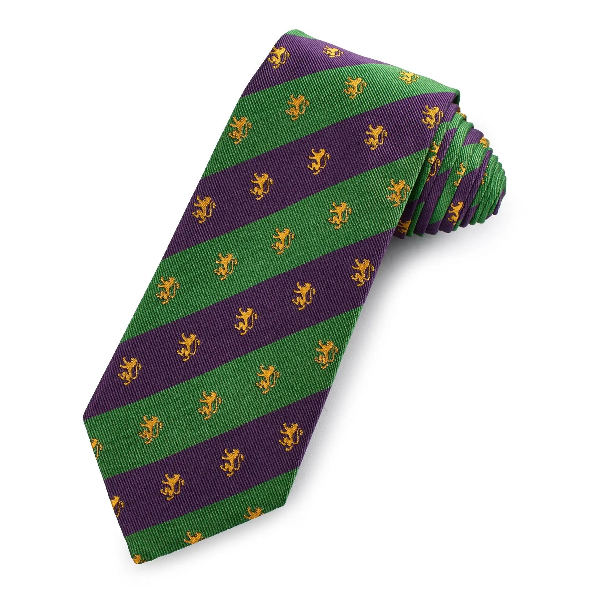 Regent Lion Silk Tie In Evergreen & Purple by Benson & Clegg