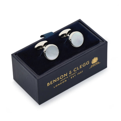 Mother Of Pearl Round Cufflinks In Silver by Benson & Clegg