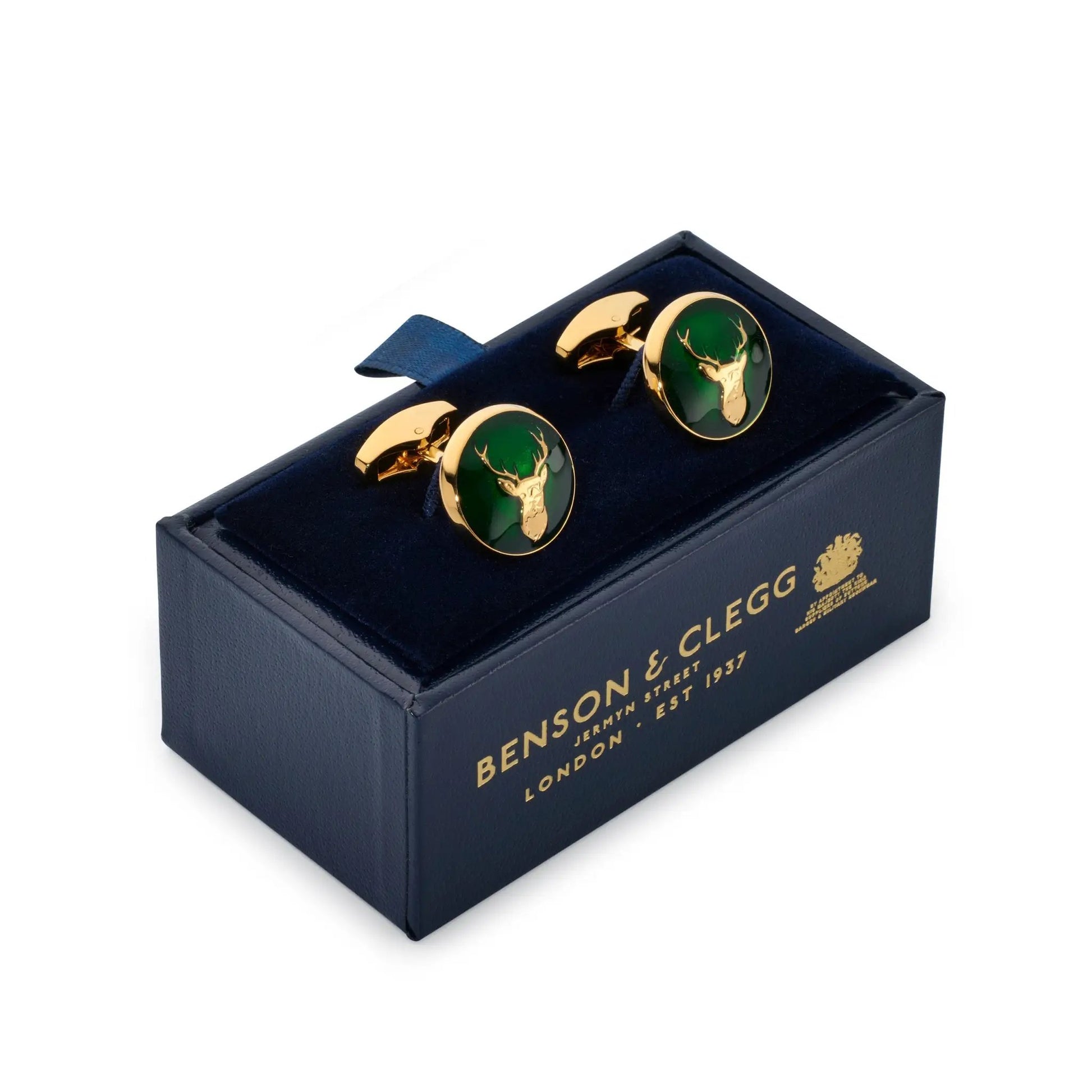Stag Cufflinks In Forest Green by Benson & Clegg