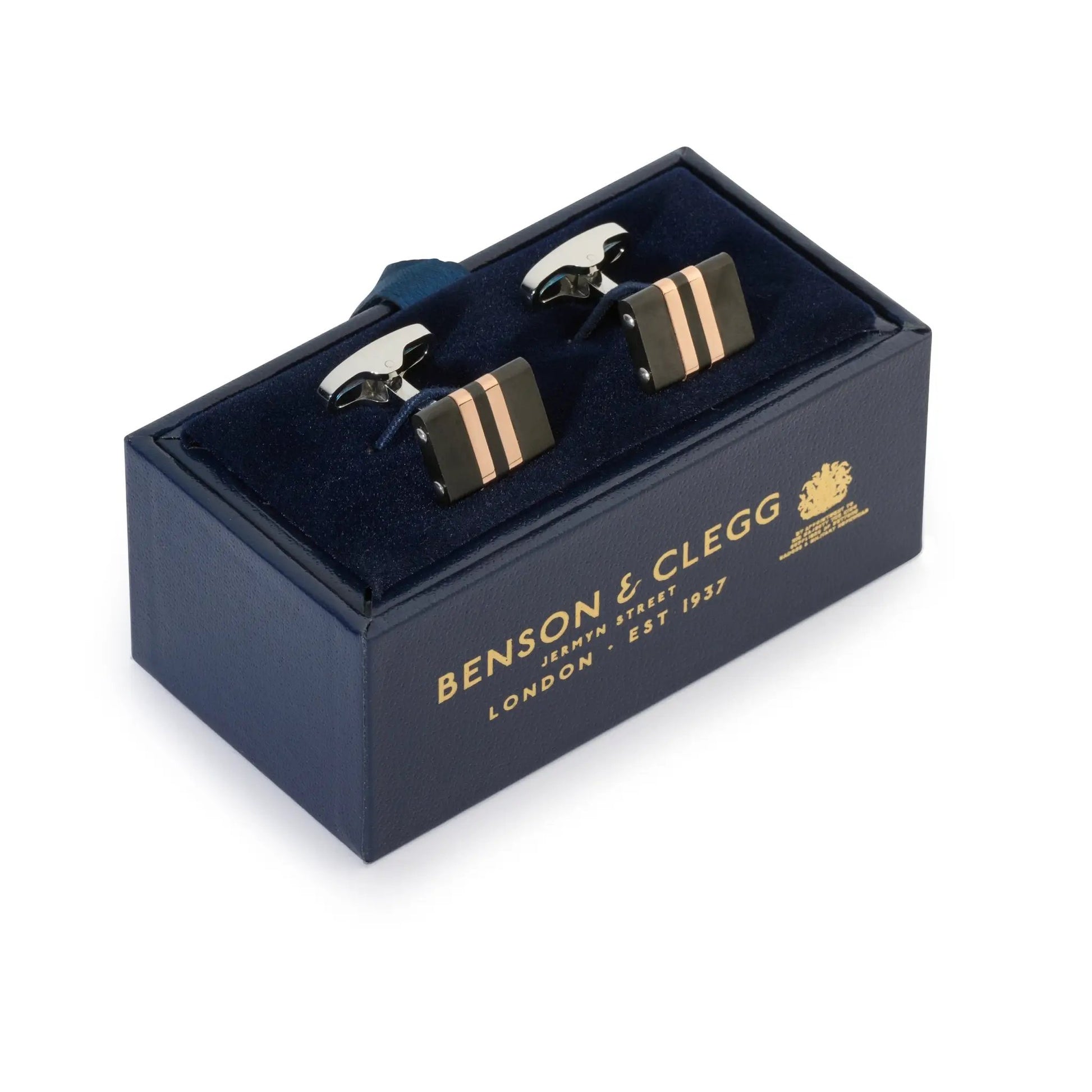 Stratos Cufflinks in Rose Gold & Black by Benson & Clegg