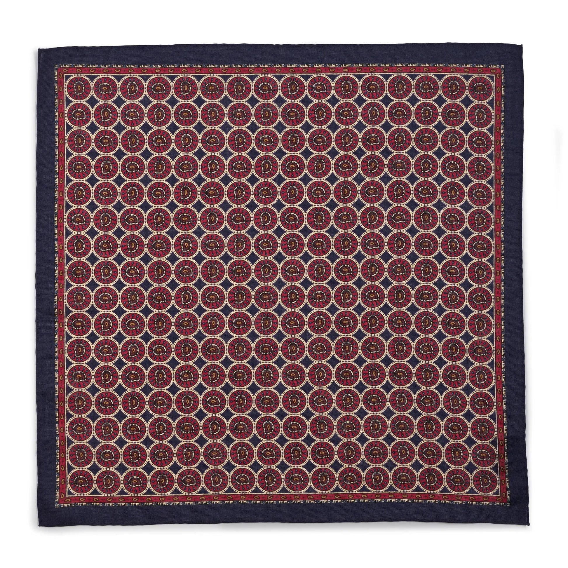 Circular Paisley (Wool & Silk Mix) Pocket Square In Navy by Benson & Clegg