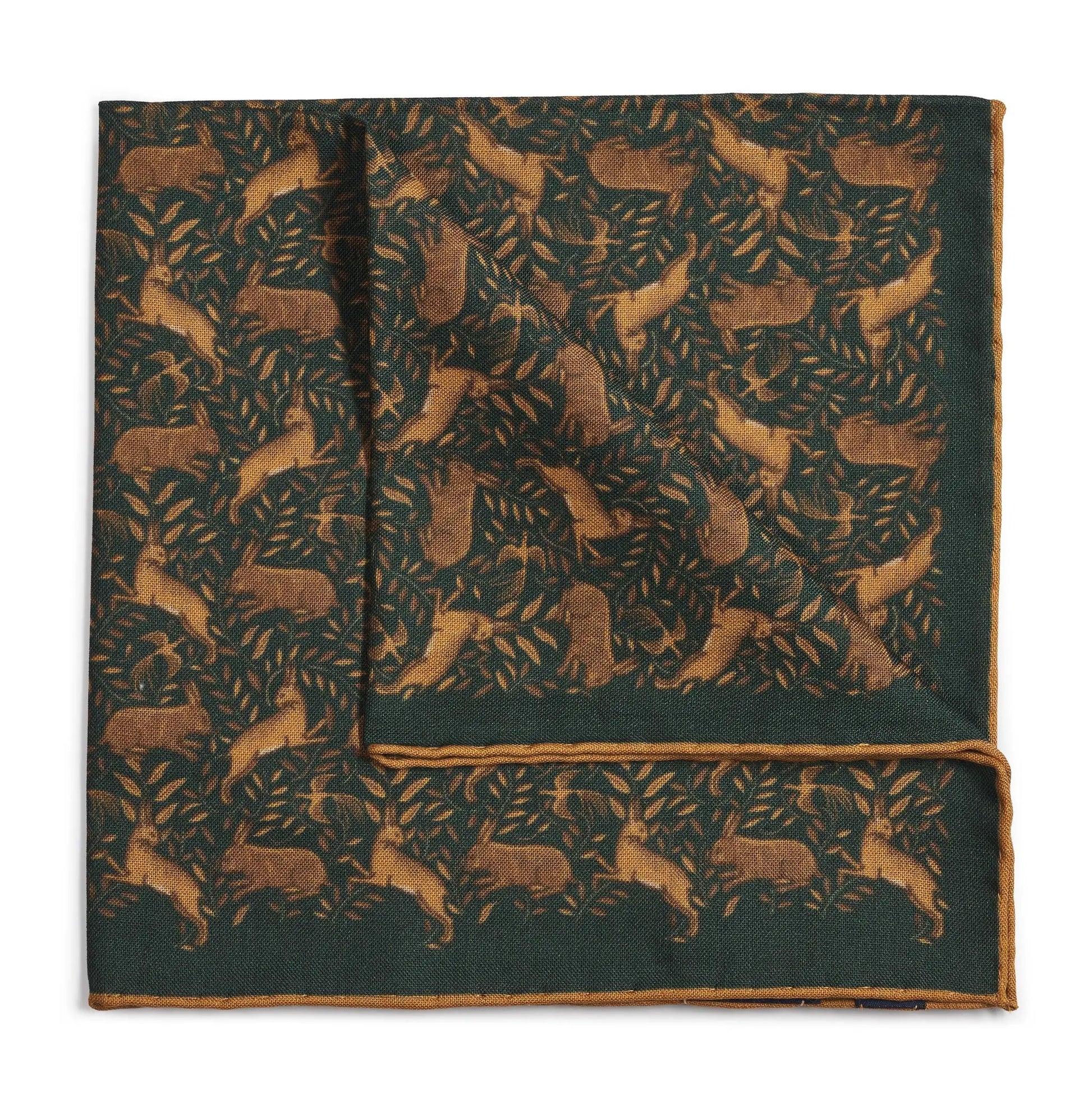 Countryside Hare (Wool & Silk Mix) Pocket Square In Green by Benson & Clegg