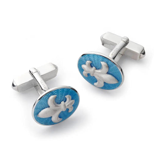 Fleur De Lys Sterling Silver Cloisonne Cufflinks In Blue by Benson & Clegg