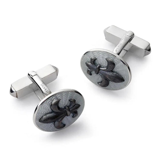 Fleur De Lys Sterling Silver Cloisonne Cufflinks In Grey by Benson & Clegg