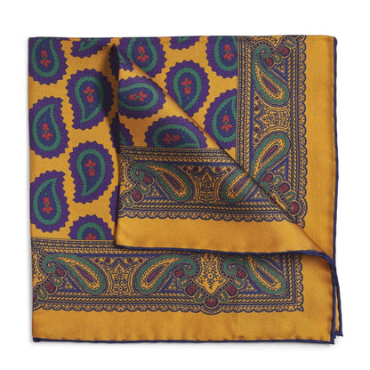 Large Paisley Silk Pocket Square In Gold by Benson & Clegg